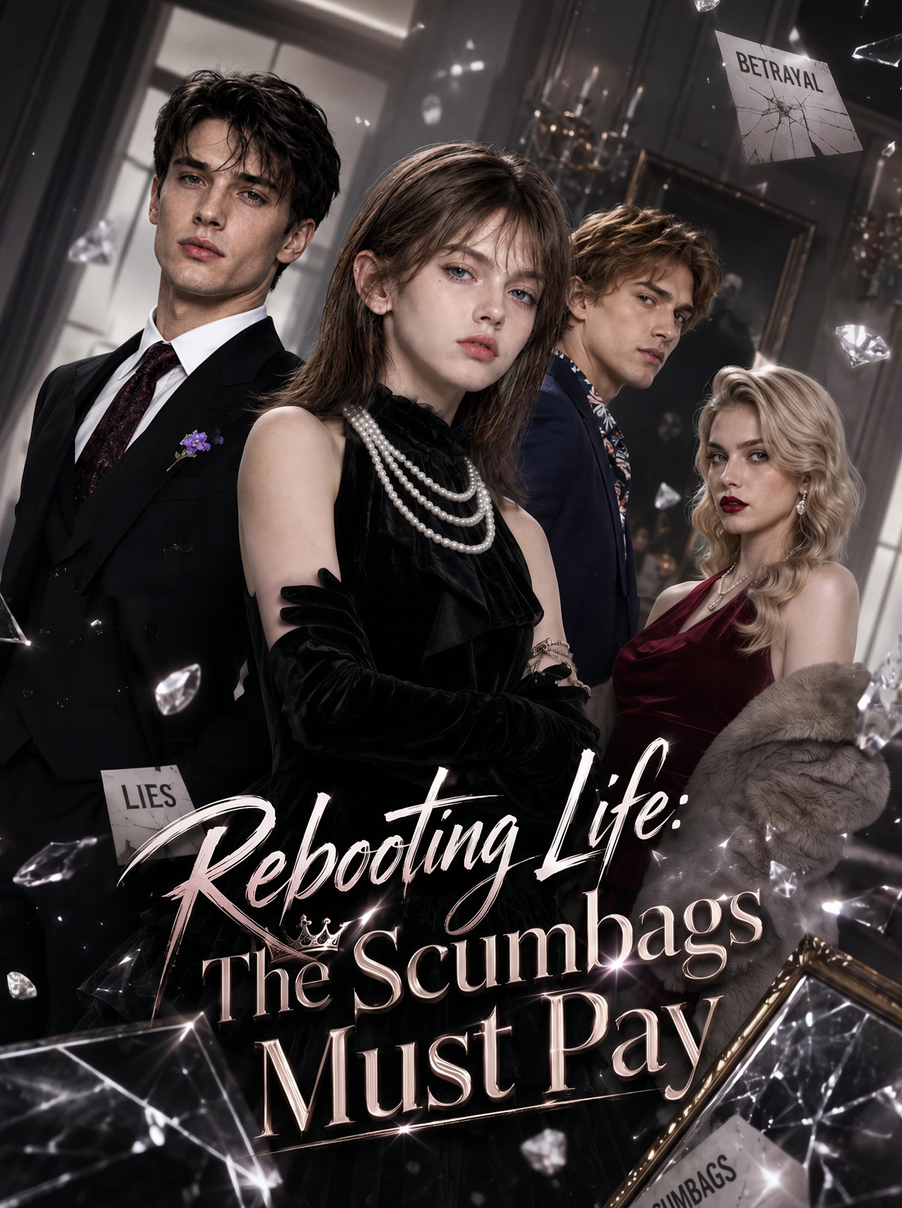 Rebooting Life poster — the reborn heiress in a black velvet gown at the center, a dark-haired man in a black suit and a second man in navy behind her, a blonde rival in wine red to the side, cracked LIES / BETRAYAL / SCUMBAGS cards and shattered glass, rose-gold title script.