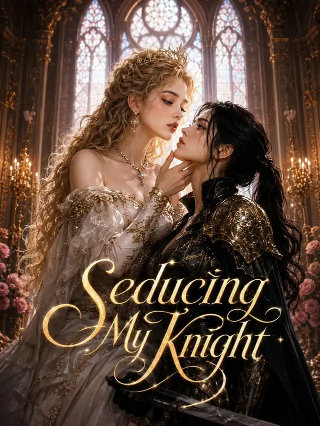 Seducing My Knight poster — a princess in a champagne gown with a diamond tiara lifts the chin of her black-armored female knight, faces nearly touching beneath a stained-glass window lit with roses and candles, title in gold script