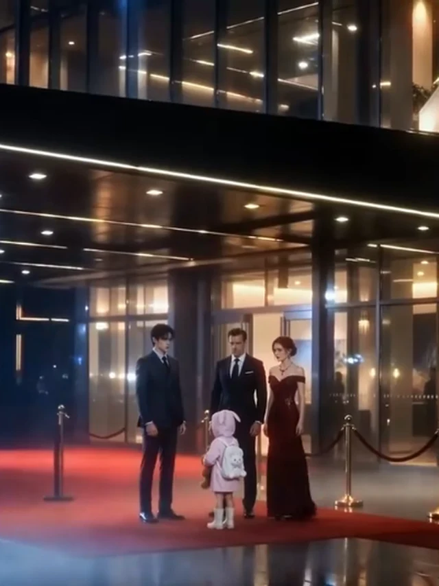 His Unexpected Family key art: the stormy-night gala entrance on the red carpet, a girl in a bunny-ear raincoat facing three formally dressed adults across the glass facade (key art derived from the episode-2 as-aired group frame: the gala-crash title scene, the girl a far compositional element — sourcing recorded in the ledger only)