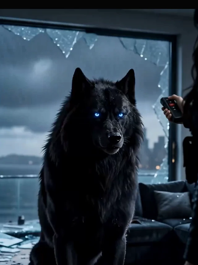 Tamed by the Moon key art — the standoff: the trainer face-to-face with the black wolf in the lamplight, remote in hand, collar on the table between them (key art derived from the episode-1 as-aired hero frame: 3:4 full-top window, main-threshold white-band scan zero hits re-verified inline, window recorded in the sourcing ledger only)