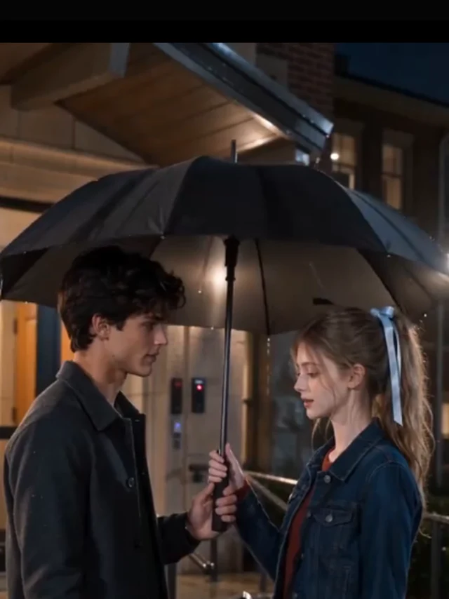 Still in My Memories key art — Grant and Piper sharing one umbrella in a doorway’s warm evening light, both hands on the handle (key art derived from the episode-8 as-aired hero frame: 3:4 full-top window, main-threshold white-band scan zero hits re-verified inline, window recorded in the sourcing ledger only)