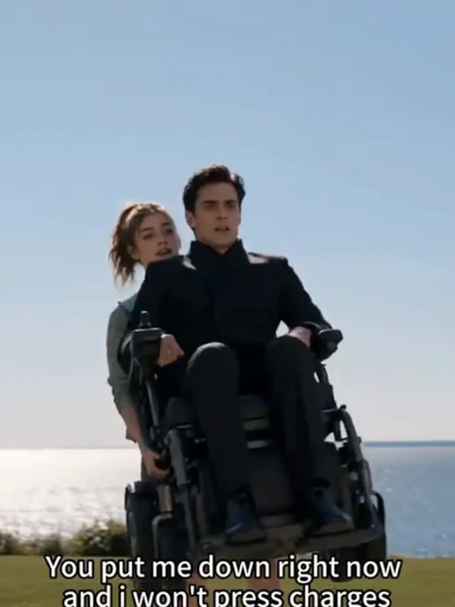 She Crossed the Line for Him key art: the one-handed wheelchair lift on the seafront lawn, the caretaker raising the wheelchair while the man in it shouts back. The title-echo reversal frame that gives the show its name (key art derived from the episode-1 as-aired hero frame: 3:4 full-top window, main-threshold white-band scan 0 band rows measured pin, scene window recorded in the sourcing ledger only)