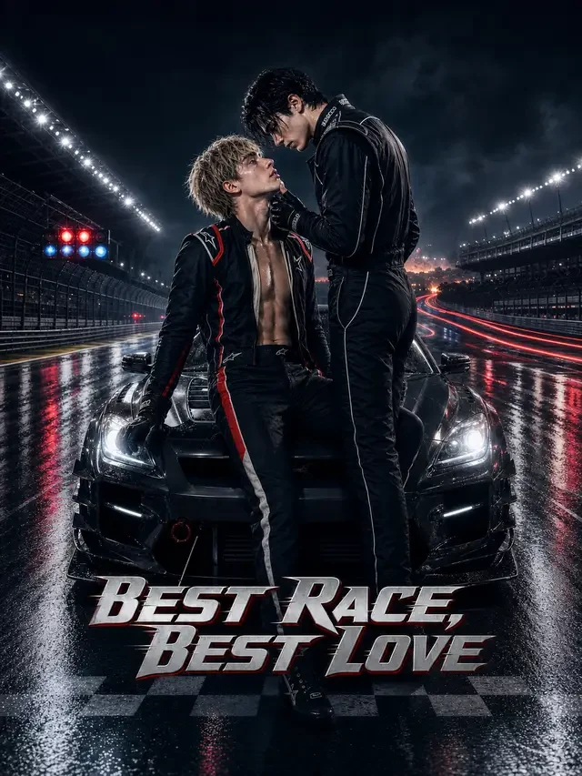 Best Race, Best Love official key art — the rival drivers facing off on a rain-slick night track at the checkered line (alliance cover, as supplied)