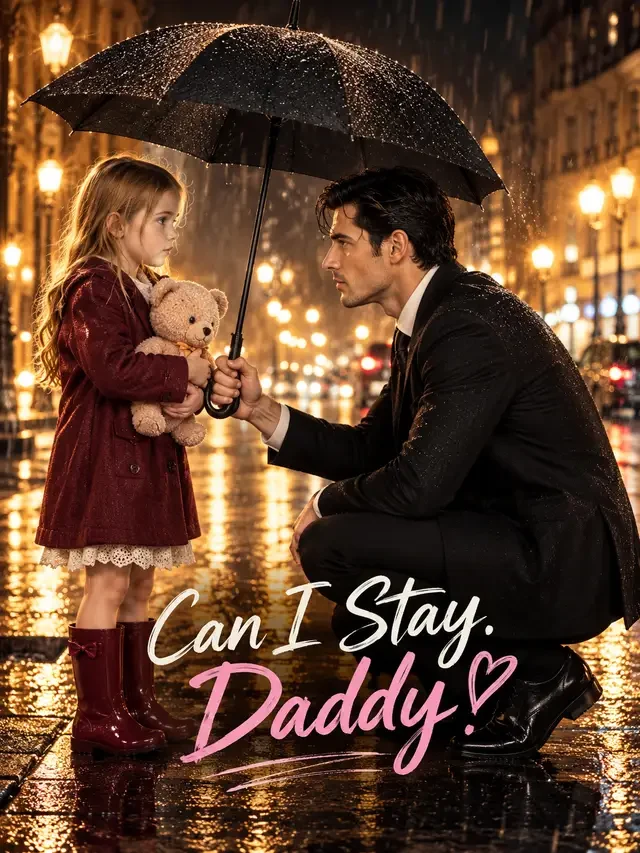 Can I Stay, Daddy? official key art — a father crouched under an umbrella, sheltering his little girl from the rain (alliance cover, as supplied)