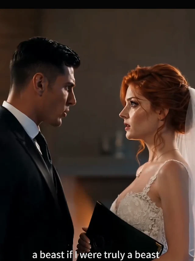 Bound by Duty key art — the bridal standoff: white gown against black formal suit, the wolf alpha and his human bride squared off (key art derived from the episode-3 as-aired hero frame: 3:4 full-top window, main-threshold white-band scan zero hits re-verified inline, window recorded in the sourcing ledger only)
