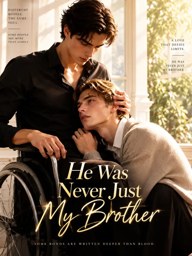 He Was Never Just My Brother poster — Adrian in a wheelchair resting a hand on blond Noah's head as Noah leans against his chest in warm window light, tagline reads "Some bonds are written deeper than blood"