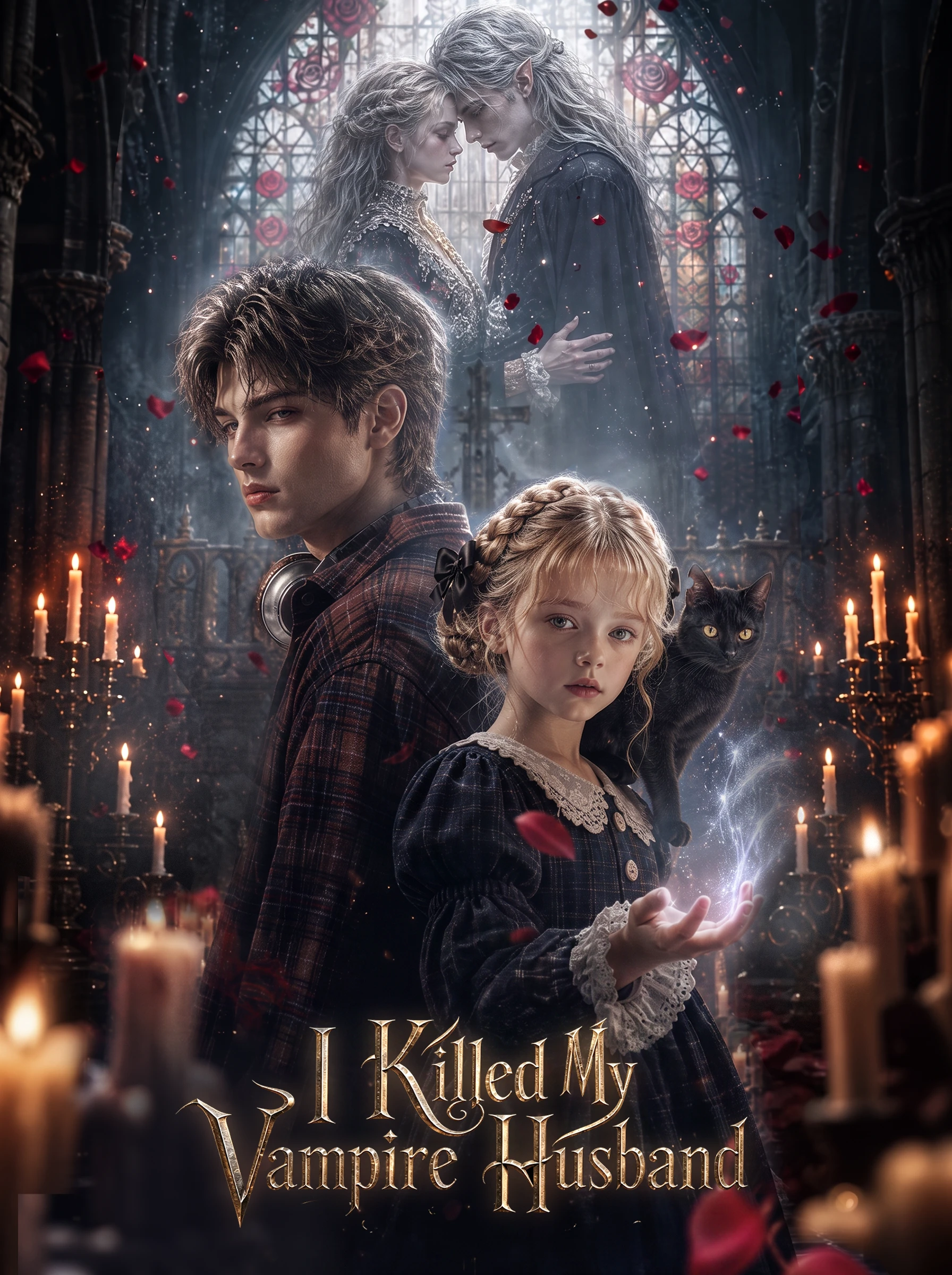 I Killed My Vampire Husband poster — a gothic cathedral of rose windows and falling petals: the silver-haired vampire couple of the past behind, the girl with the black cat on her shoulder and magic light in her palm in front, ornate gothic title script.