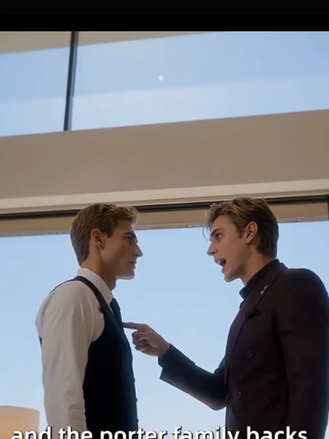 Ninety Days of Silence and Love key art — the same-roof contract look: the two grooms facing each other across a warm-lit hall (key art derived from the episode-2 as-aired hero frame: 3:4 full-top window, main-threshold white-band scan 3 band rows measured pin — same-roof scene, window recorded in the sourcing ledger only)