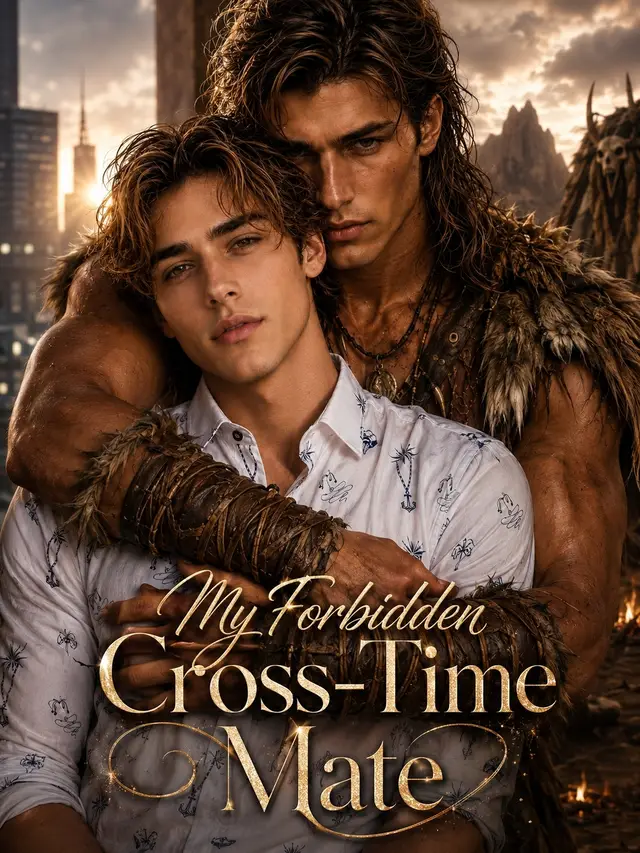 My Forbidden Cross-Time Mate poster — a modern-dressed man with soft curls embraced from behind by a fur-clad primeval warrior, against a split backdrop of a sunset city skyline and a rugged wilderness with tribal totems, the title in gold ornate script