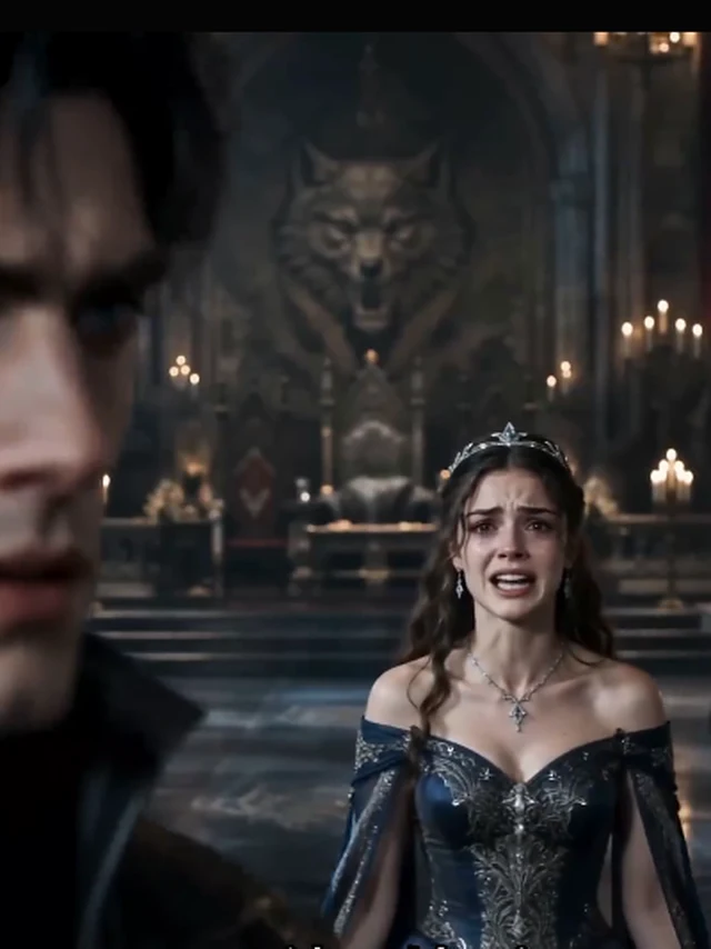 The Wolf Queen key art — the throne-room break: a gothic hall under a wolf-head totem, silver crown and deep blue, tears falling as the pledge is answered (key art derived from the episode-1 as-aired hero frame: 3:4 full-top window, main-threshold white-band scan zero hits re-verified inline, window recorded in the sourcing ledger only)