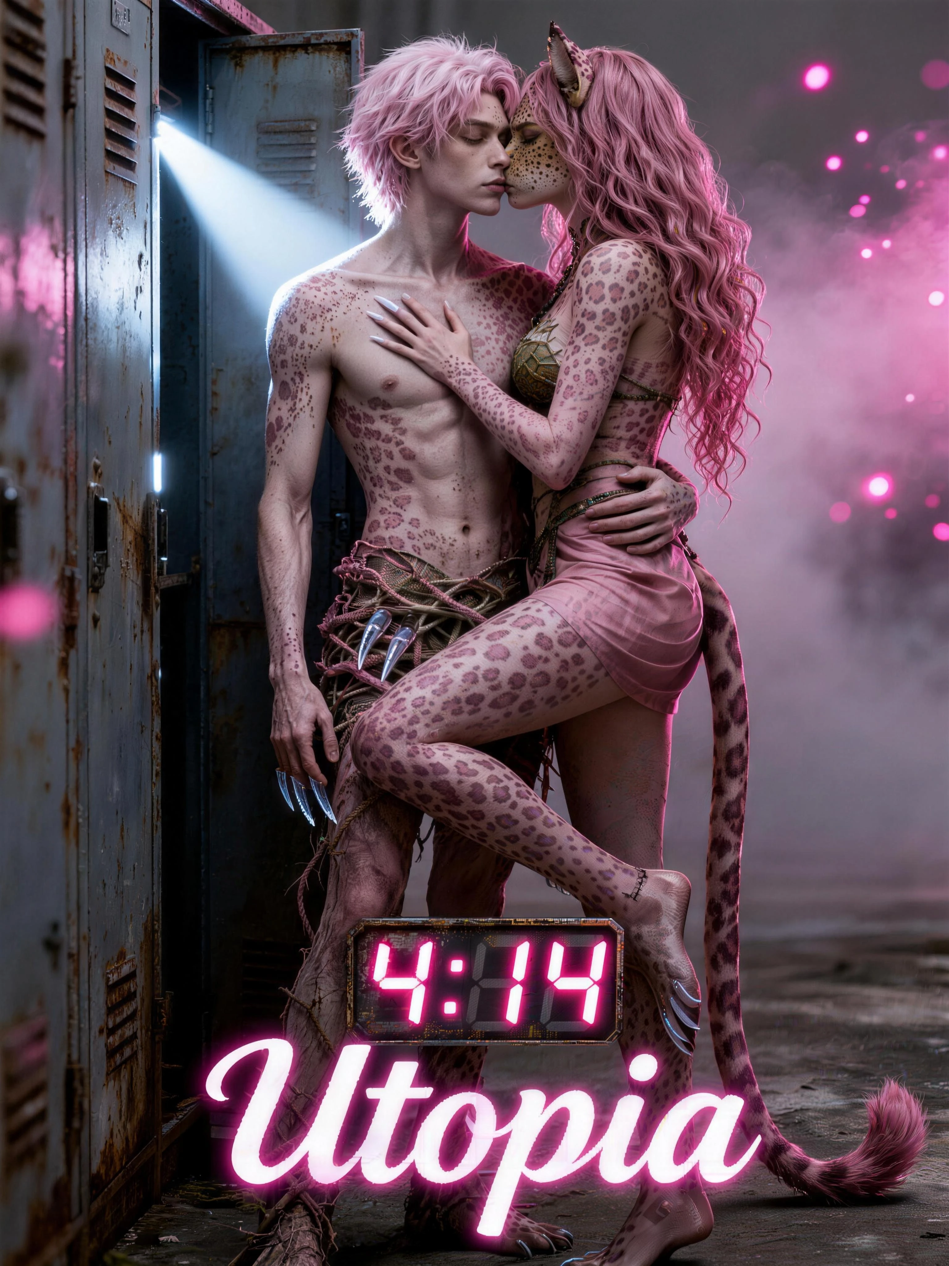 Hooked In Seconds poster — the leopard-spotted leads kissing amid pink mist between industrial lockers, neon script reading Utopia