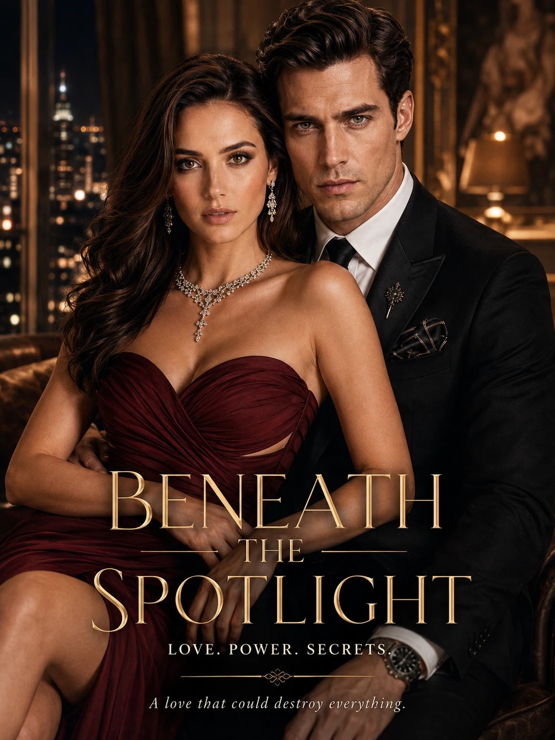 Beneath The Spotlight poster — the lead couple in formal black and wine-red against a penthouse skyline, gold script reading LOVE. POWER. SECRETS.