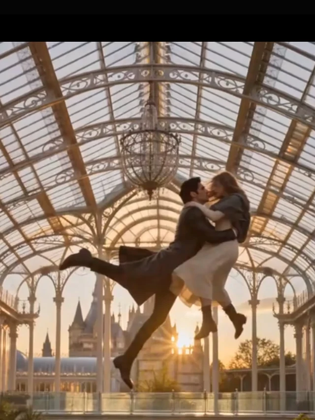 His Forbidden Nanny key art — the kiss: Declan and Mia in the Victorian glass-greenhouse weightless kiss under the crystal chandelier, sunset castle behind (key art derived from the episode-4 as-aired hero frame: 3:4 full-top window, main-threshold white-band scan zero hits re-verified inline, window recorded in the sourcing ledger only; zero couple-only frame per CISD exemption)