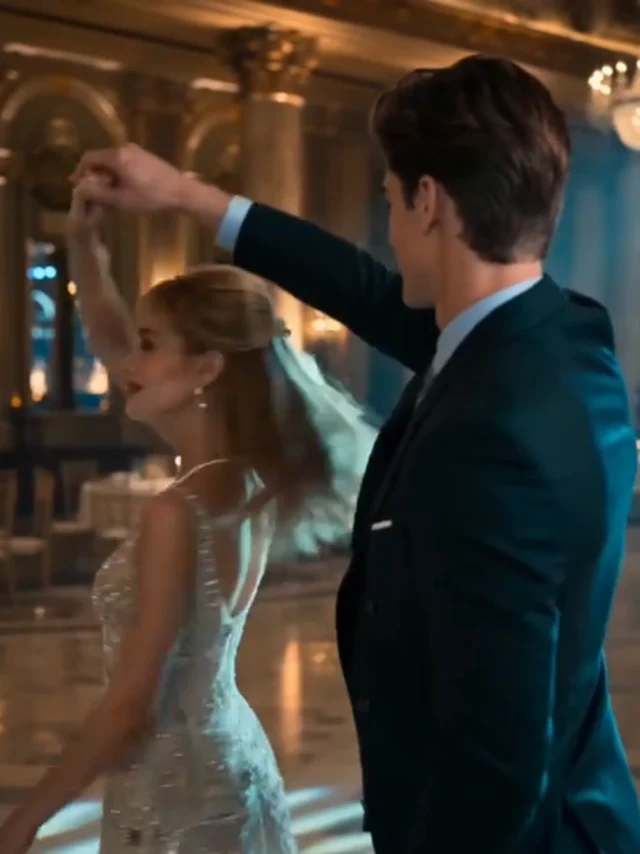 Marrying for Revenge key art: an auction-hall dance spin, a champagne-gown woman mid-turn held by a tall dark-haired man in formal wear, warm golden light all around (key art derived from the episode-3 as-aired frame: the five-million-dollar dance, both adults, wide ballroom composition — sourcing recorded in the ledger only)