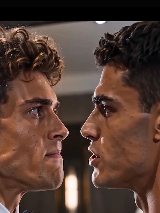 I Faked It With His Brother key art — the showdown: two men squared off over one omega, the claim shouted across the room (key art derived from the episode-6 as-aired hero frame: 3:4 full-top window, main-threshold white-band scan zero hits re-verified inline, window recorded in the sourcing ledger only)