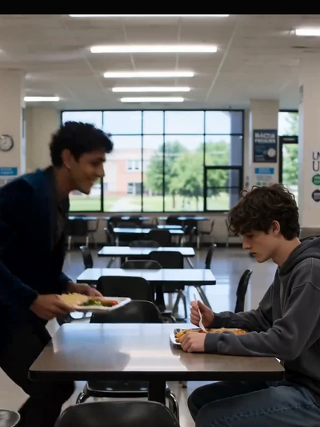 His Fangs key art — Kael carrying a lunch tray toward the table where Liam sits low, the cafeteria approach that opens the roommate arc (key art derived from the episode-2 as-aired frame: 3:4 full-top window, white-band scan hits are cafeteria ceiling lights verified visually, window recorded in the sourcing ledger only)