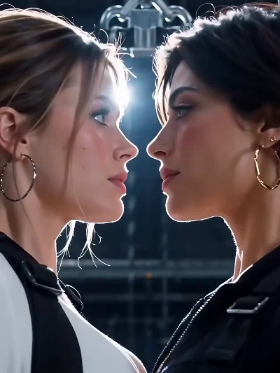 Off Script poster — Becca and Cassia face off under a hard studio backlight, almost touching (cropped from the series’ frames)