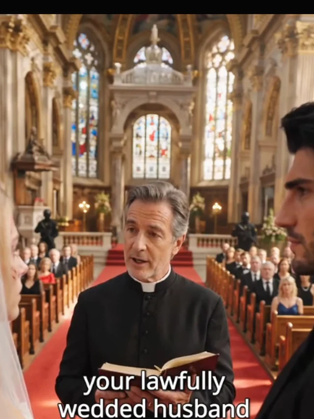 Mighty Tyrant, Tender Love key art — the church vows: the priest at the altar with the book open, the dark-suited groom and the veiled bride facing him in candlelight, faces kept small in the frame (key art derived from the episode-3 as-aired hero frame: 3:4 full-top window, main-threshold white-band scan zero hits re-verified inline, window recorded in the sourcing ledger only)