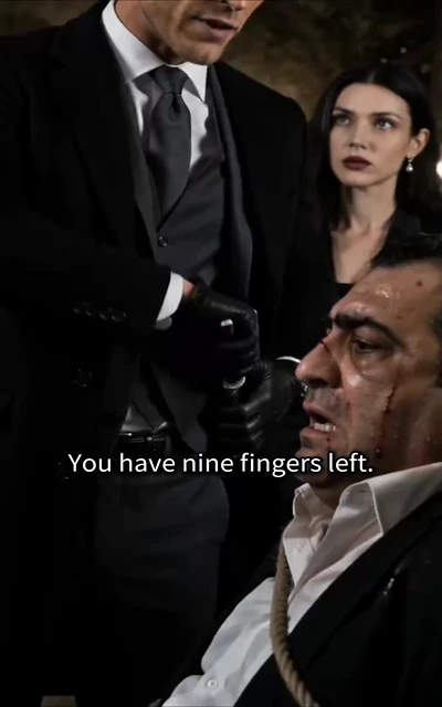 I married my mafia uncle key art: the uncle towers over a bound man threatening 'You have nine fingers left' — the HERO frame from episode 5, the moment House Romano's alliance turns deadly
