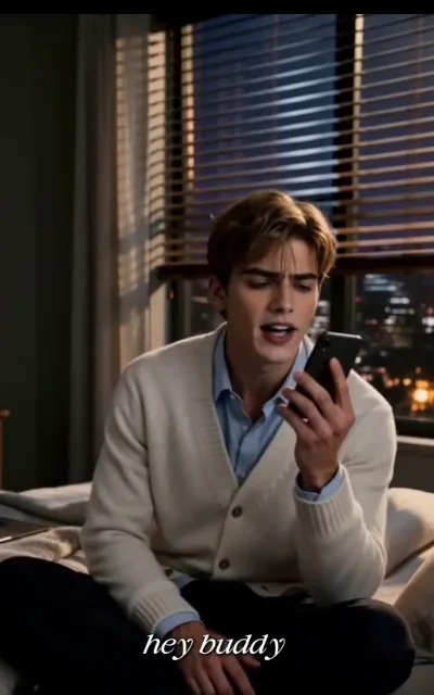 "Hey buddy" — Noah works the phone by blind-window lamplight, city lights beyond the blinds (ep1, subtitles as aired)