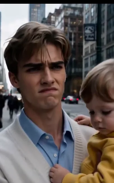 The city-street carry — Noah hugs the boy through downtown with the full "what is my life" face (ep3)