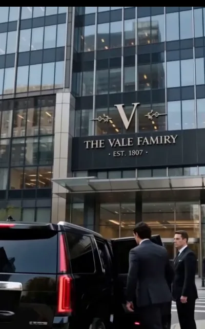THE VALE FAMILY, EST. 1807 — the headquarters facade, glass and stone, where the future has an appointment (ep7; in-frame sign lettering as released)