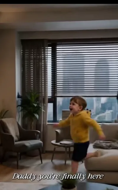 "Daddy, you're finally here" — the boy sprints across the living room, arms wide, straight into the reunion beat (ep7, subtitles as aired)