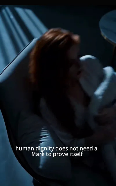 The Mark thesis — the bride steady under the light as the world’s rulebook gets named in one line — "human dignity does not need a Mark to prove itself" (ep1, subtitles as aired)