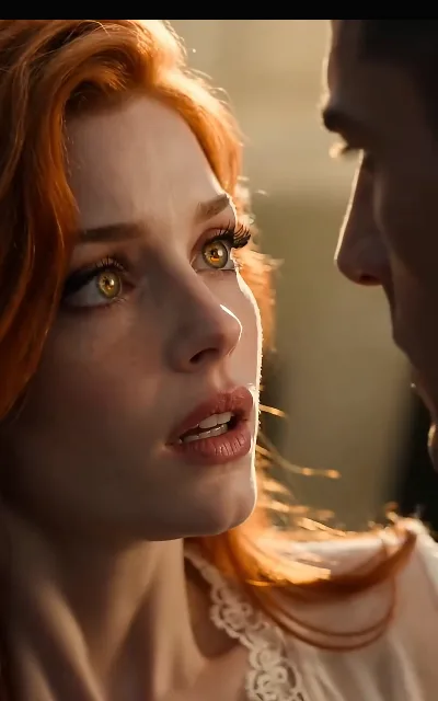 The amber-eyed look-up — the human girl lifting her gaze through her auburn waves, freckles catching the light; also the source of her avatar (ep2)