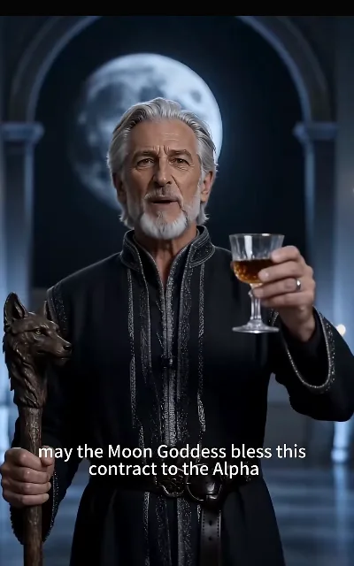 The Moon Goddess rite — a wolf-headed staff raised before the full moon, the elder presiding over the contract — "may the Moon Goddess bless this contract to the Alpha" (ep3, subtitles as aired)