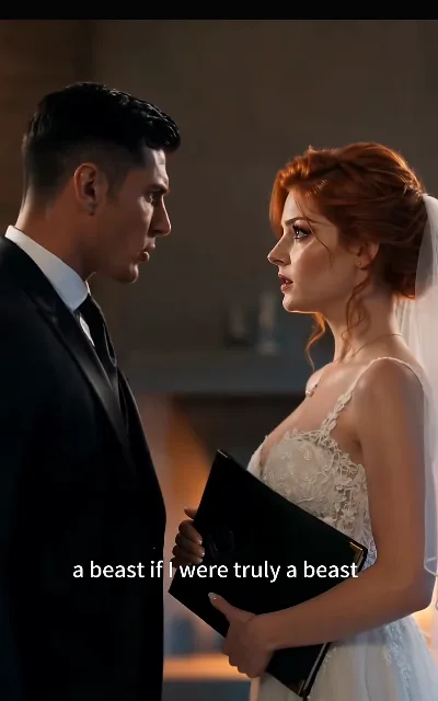 The bridal standoff — white gown against black formal suit, the wolf alpha and his human bride squared off down the aisle — "a beast if I were truly a beast" (ep3, subtitles as aired; no completion supplied — station caption cut as aired; the source of this page’s key art)