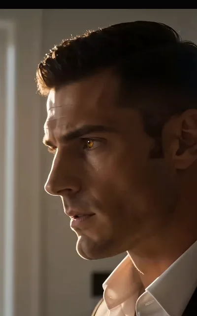 The gold wolf eye — a side profile lit ember-gold, the alpha reading the room before it speaks; also the source of his avatar (ep3)