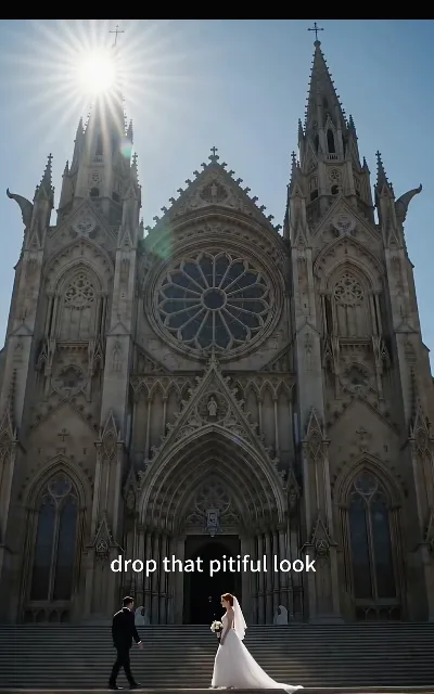 The church steps — ceremony over, the pair framed by the chapel door as the tone turns cold — "drop that pitiful look" (ep4, subtitles as aired)
