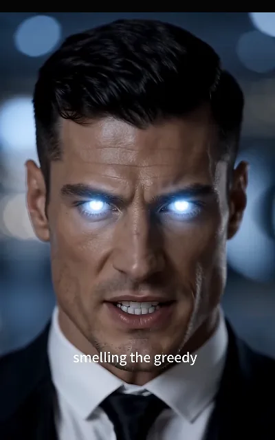 The meme insert — the alpha’s verdict delivered over the station’s own chiseled-meme sticker with blue heat-ray effects, the caption reading "smelling the greedy" (ep4; meme insert as aired, not amplified — station gag kept exactly as shown, never named)