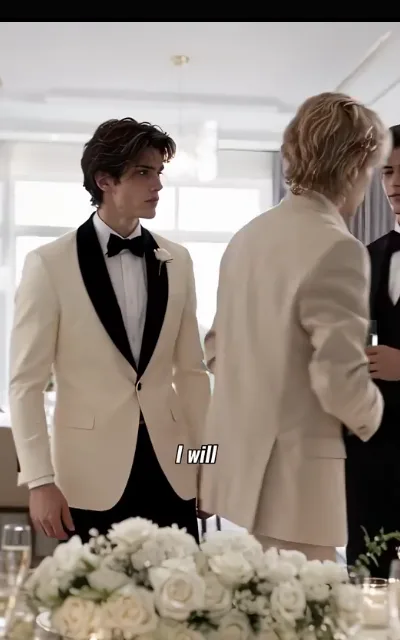 The vow — a light-blond groom seen from the back in an ivory suit facing his groom at the white roses, a dark-haired man in black formal wear with a champagne glass beyond the tall windows (ep1; atmosphere beat — wedding-ceremony frame)