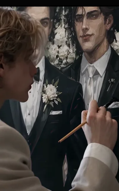 The atelier — a light-blond painter at his easel, brush raised toward the canvas, the canvas carrying a wedding portrait of two men in formal wear, one dark-haired in a black suit with a star-shaped silver pin (ep1; atmosphere beat — meta painting frame)