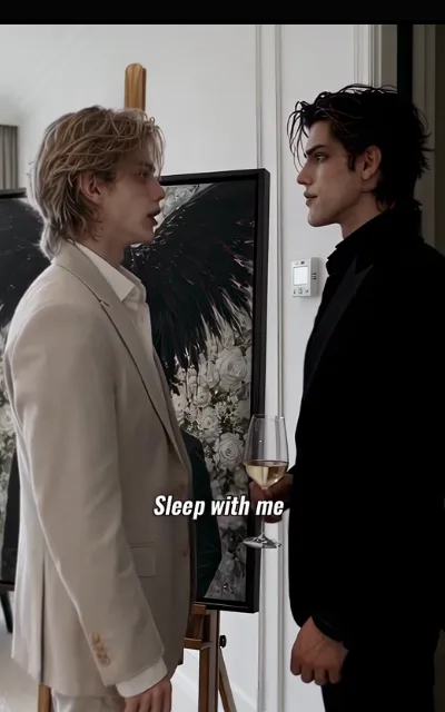 The proposition — a light-blond man in a pale suit caught open-mouthed, a cold-pale dark-haired man in a black suit raising a champagne glass with sure, unhurried intent, a black-and-white wings-and-roses canvas on an easel behind, the caption Sleep with me beneath (ep1; subtitles as aired — TOP quote, turning-point key frame)