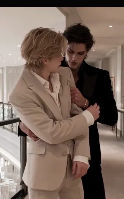 The corridor hold — above the banquet floor, a dark-haired man in a black suit with a fine silver bracelet arm around the waist of the light-blond man in an ivory suit, hand at his shoulder, the fair one's hand resting on his arm, glass balustrade and warm downlights beyond (ep2; HERO frame — intimacy-adjacent frame as aired, not amplified)
