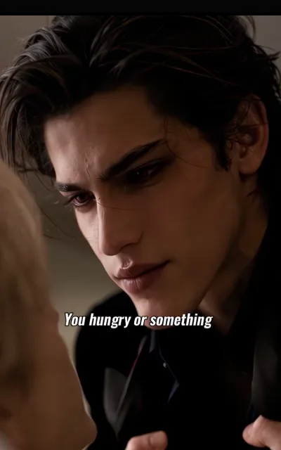 The vampire close-up — a dark-haired young man, pale-cold cast, dark red-brown eyes and a faint smirk, looking down at a light-blond head and two hands gripping his collar, the caption You hungry or something beneath (ep3; subtitles as aired)