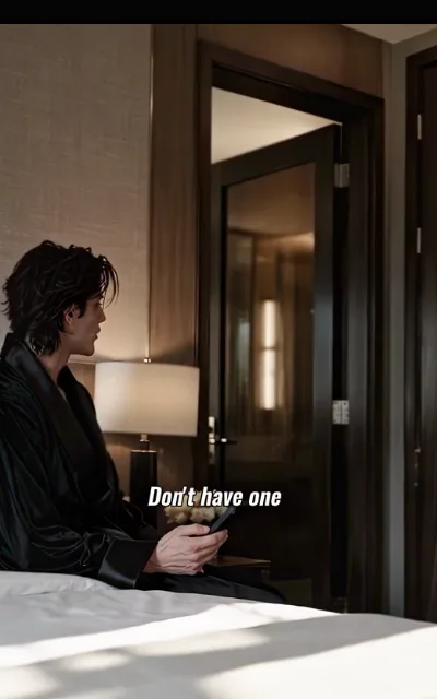 The doorway line — a dark-haired man in a black silk robe seated on the edge of the bed, phone in hand, half-turned toward the half-open frosted door, the caption Don't have one beneath (ep3; subtitles as aired)