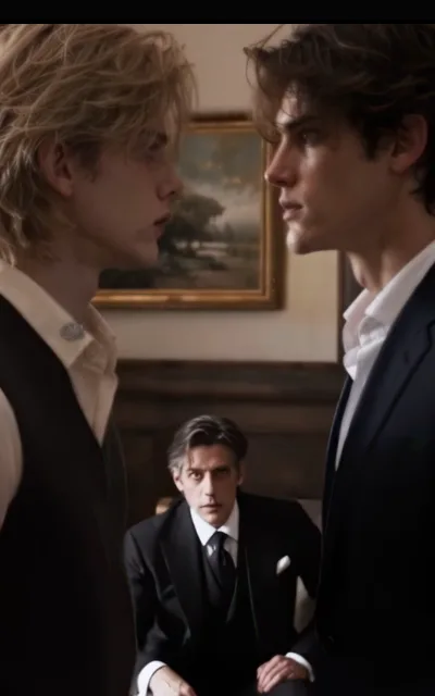 The study standoff — a light-blond man in a white shirt and dark waistcoat squared up close against a brown-haired man in a charcoal suit, an older grey-streaked brown-haired man in black formal wear seated forward between them, a gilt-framed landscape oil painting on the wall behind (ep4; atmosphere beat — family-power frame)