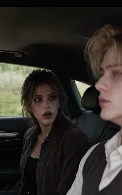 The back seat — a light-blond man in a cream shirt and dark vest looking level and unbothered ahead, a brown-haired woman beside him mid-stare in open shock, green city light sliding past the glass (ep4; atmosphere beat — reaction frame)
