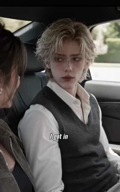 The quiet news — a light-blond man in a white collar shirt and grey knit vest in a car's black leather back seat, a brown-haired woman with a fine gold ear cuff half in frame, the caption I got in beneath (ep5; subtitles as aired)