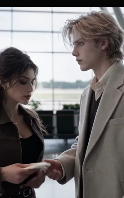 The airport farewell — a light-blond man in an oatmeal coat touching the boarding card in a dark-haired woman's hands at the tall glass windows, both quiet and low (ep6; atmosphere beat — parting frame)