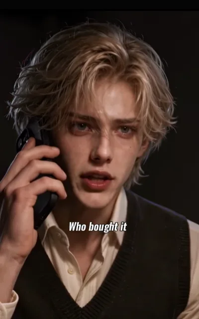 The black-frame call — a light-blond man with red-rimmed eyes on an old black corded handset against pure black, collar open, the caption Who bought it beneath (ep6; subtitles as aired)