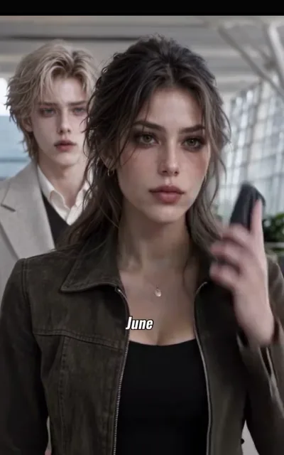 The station card — a cool-toned brown-haired young woman in a worn denim jacket, phone in hand, the station caption June across her chest, a light-blond man in a grey wool coat standing behind, glass and white transit hall beyond (ep6; station character card as aired — station-designed name label, not a brand)