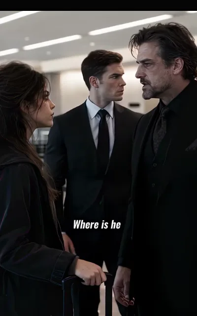 The lobby standoff — a brown-haired woman with a suitcase squared against a whiskered older man in full black formal wear, a younger dark-haired man in a black suit and tie watchful between them, the caption Where is he beneath (ep7; subtitles as aired)