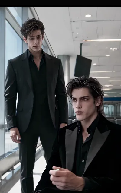The terminal pair — two unnamed men in a glass-walled transit hall, one seated in a black velvet suit with deep-brown hair streaked light, amber-eyed and cold, the other standing at his shoulder in a plain black suit with a faint smile (ep7; atmosphere beat — no-name frame, visual lines not adjudicated)