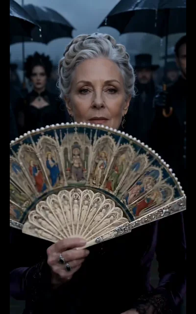 Episode 1 frame: an elderly woman in purple gown with jeweled fan and metal objects — a family elder at the chapel