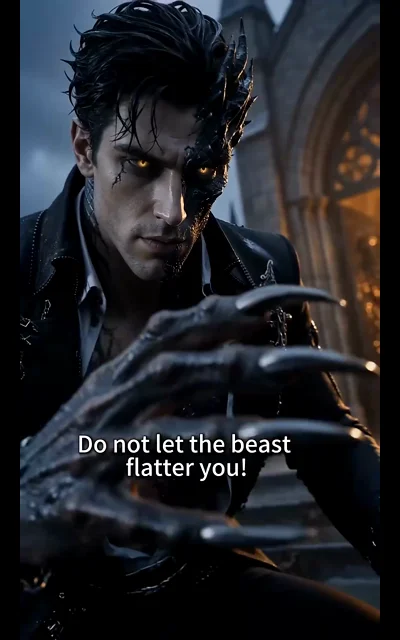 Episode 1 frame: the monster's chapel — a cracked, golden-eyed guardian reaches toward the bride, 'Do not let the beast flatter you!'